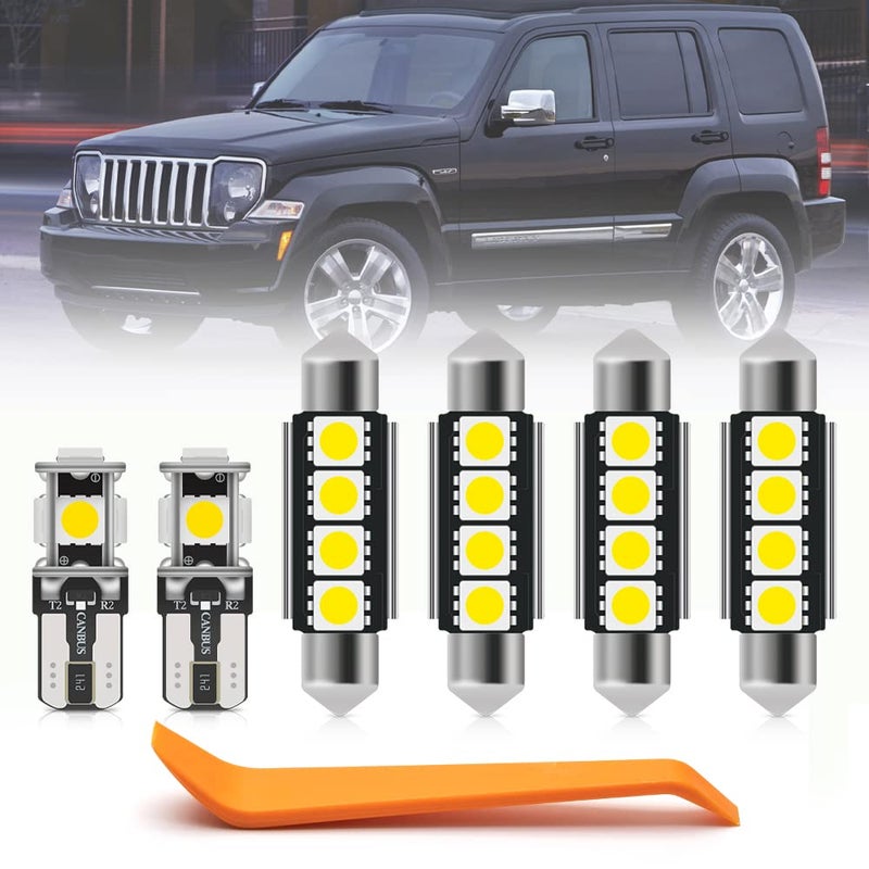 7pcs LED White Interior Light Bulbs Kit For Jee'p Liberty 2008 2009 2010 2011 2012 Interior Light Kit Super Bright 6000K Map Cargo Dome License Plate Light Bulbs Package + Installation Tool