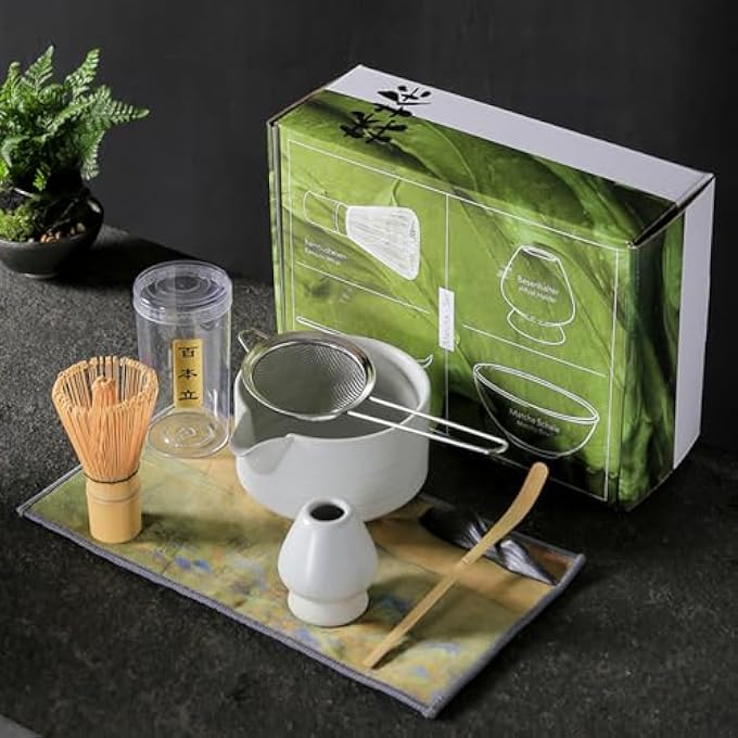 Unity Matcha Tea Set 7Pc With Mouth Bamboo Whisk Scoop Sifter Matcha Whisk Holder Green Tea Ceremony Kit Matte White Home Kitchen Latte Barista Gift Meditation Office BreaksGreen Color Box - Image 2