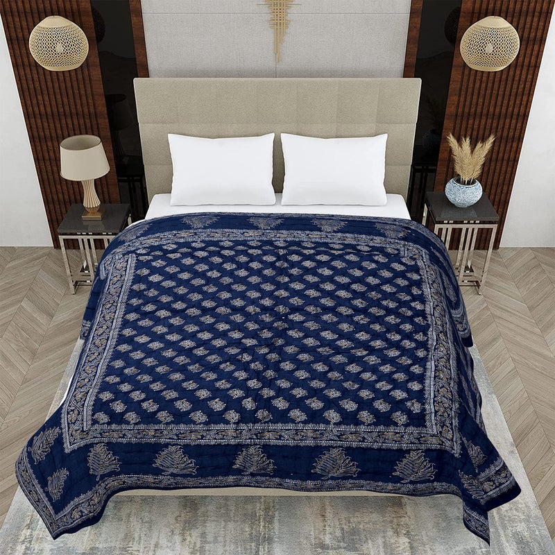 TRUE VALUA 210TC Gold Printed Jaipuri Quilt, (Blue) - Image 1