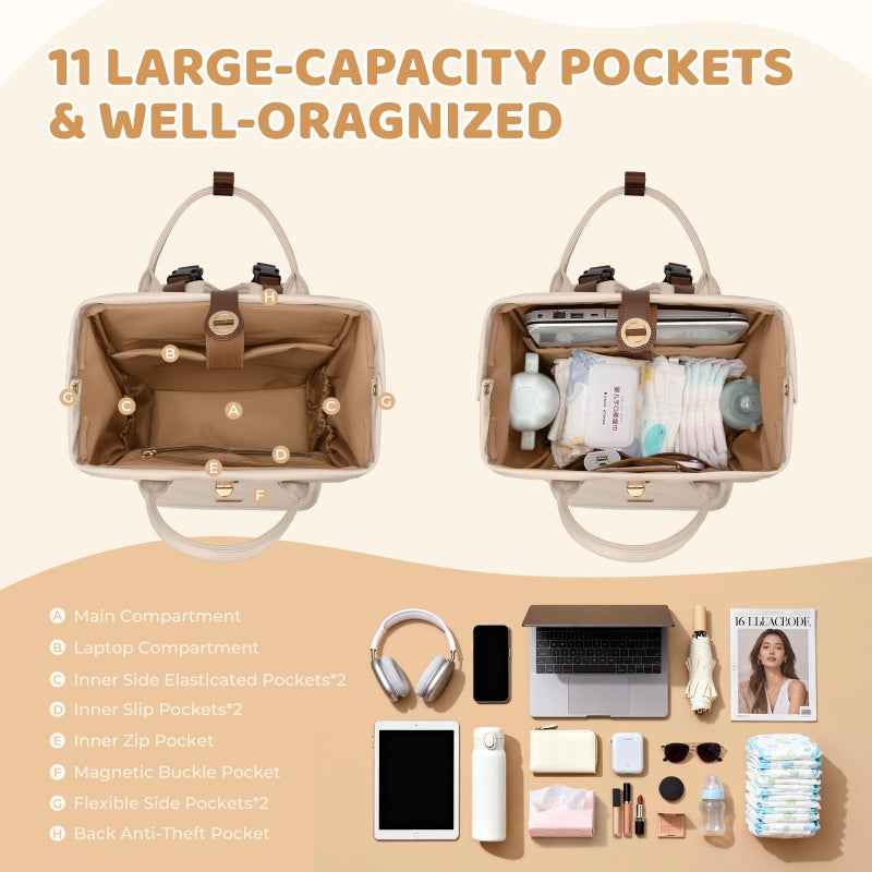 GOLF QUALITY Diaper Bag Backpack,Multi Function Water Resistant Diaper Bag With Hook,Casual Hanging diaper bag for mom,16 Inch,Apricot - Image 4