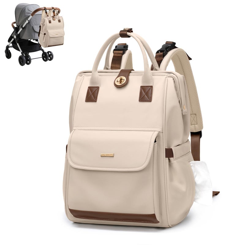 GOLF QUALITY Diaper Bag Backpack,Multi Function Water Resistant Diaper Bag With Hook,Casual Hanging diaper bag for mom,16 Inch,Apricot - Image 1