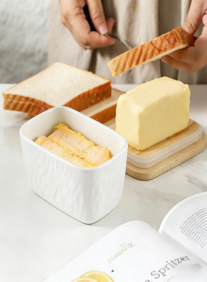 KOOV طبق زبدة كبير من البورسلين من KOOV مع غطاء، وعاء زبدة محكم الإغلاق بغطاء من خشب البلوط، مثالي لقطعتين من الزبدة، سلسلة Texture (أبيض) - Image 4