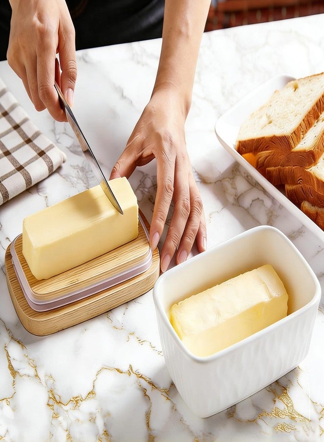 KOOV طبق زبدة كبير من البورسلين من KOOV مع غطاء، وعاء زبدة محكم الإغلاق بغطاء من خشب البلوط، مثالي لقطعتين من الزبدة، سلسلة Texture (أبيض) - Image 2