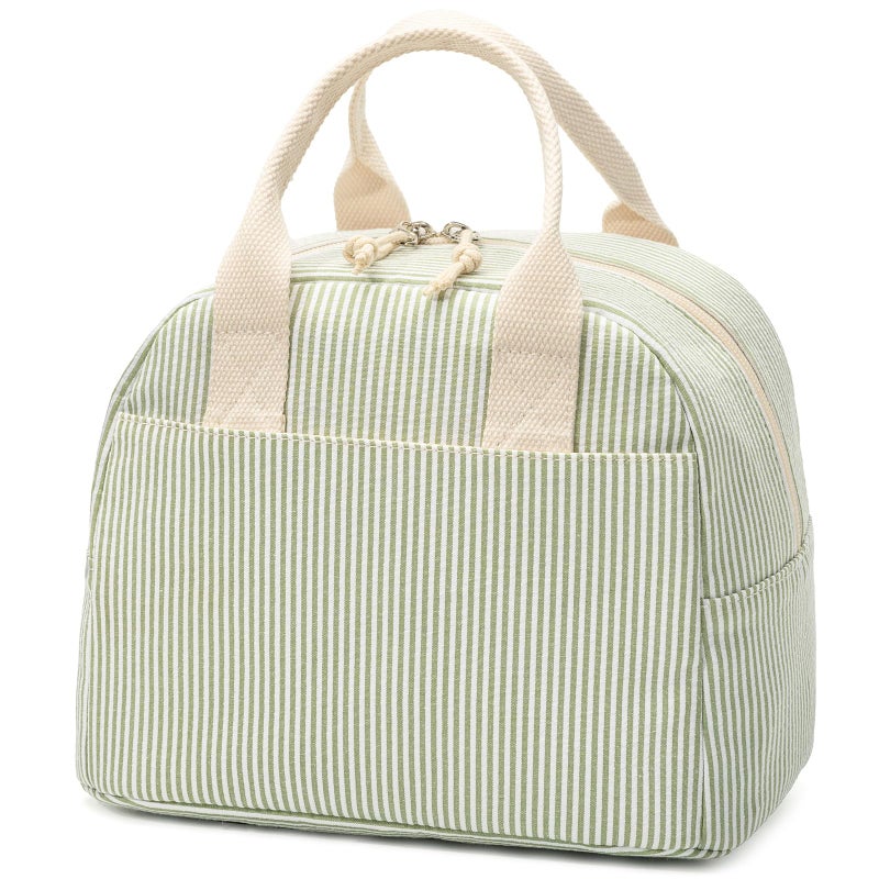LOVELYWIND Insulated Lunch Bag for Women, Reusable Green Striped Lunch Box Cooler Bag with Large Capacity, Durable Lunch Tote for Work - Image 1
