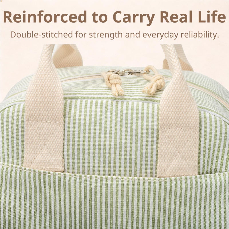 LOVELYWIND Insulated Lunch Bag for Women, Reusable Green Striped Lunch Box Cooler Bag with Large Capacity, Durable Lunch Tote for Work - Image 4
