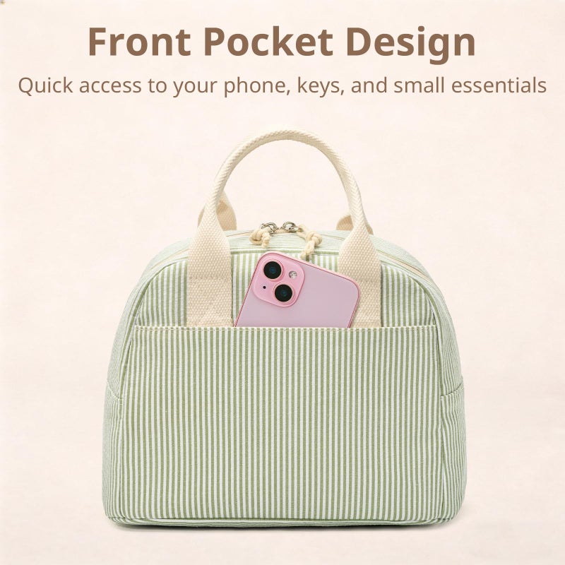 LOVELYWIND Insulated Lunch Bag for Women, Reusable Green Striped Lunch Box Cooler Bag with Large Capacity, Durable Lunch Tote for Work - Image 5
