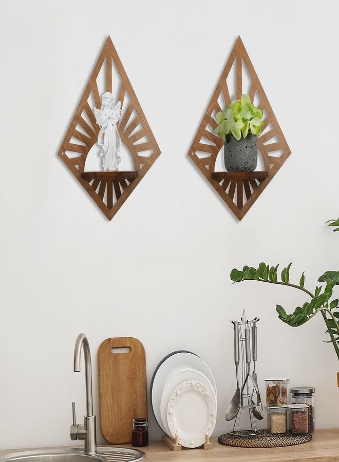 Menkxi 2 Pcs Boho Floating Shelves for Wall Rustic Wooden Rainbow Wall Shelves Diamond Bohemian Hanging Shelf Wall Mount Wood Book Candle Holder for Nursery Bedroom Room Wall Decor(Diamond) - Image 5