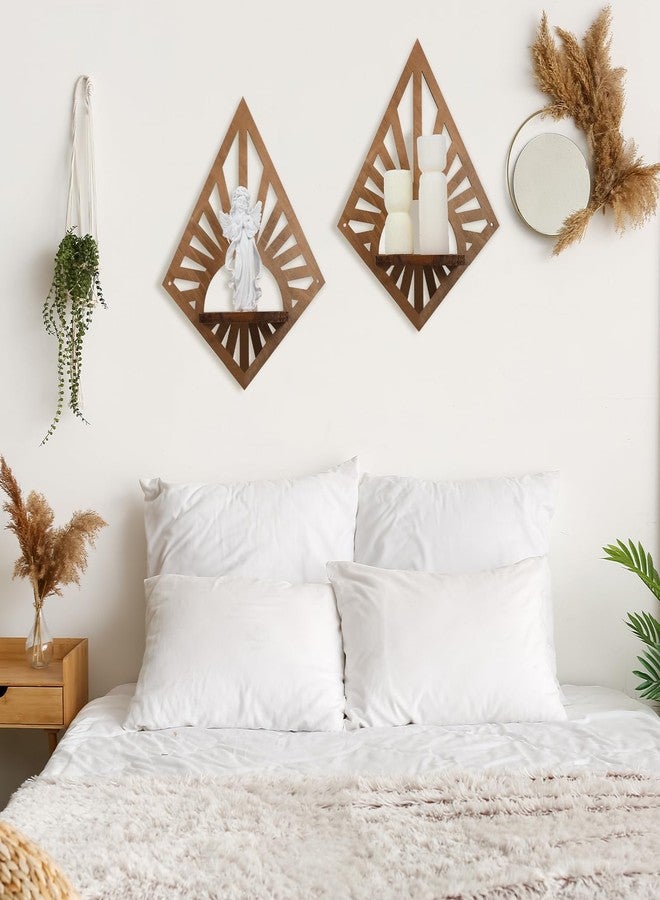 Menkxi 2 Pcs Boho Floating Shelves for Wall Rustic Wooden Rainbow Wall Shelves Diamond Bohemian Hanging Shelf Wall Mount Wood Book Candle Holder for Nursery Bedroom Room Wall Decor(Diamond) - Image 3