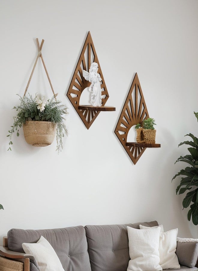 Menkxi 2 Pcs Boho Floating Shelves for Wall Rustic Wooden Rainbow Wall Shelves Diamond Bohemian Hanging Shelf Wall Mount Wood Book Candle Holder for Nursery Bedroom Room Wall Decor(Diamond) - Image 4