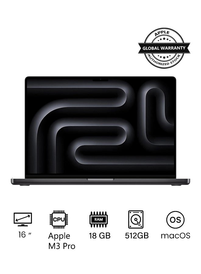 Apple Macbook Pro MRW13 | 16 Inch Display | Apple M3 Pro Chip | 12‑Core CPUAnd 18‑Core GPU | 18GB RAM | 512GB SSD | macOS | English And Arabic Keyboard | English/Arabic Space Black - Image 1