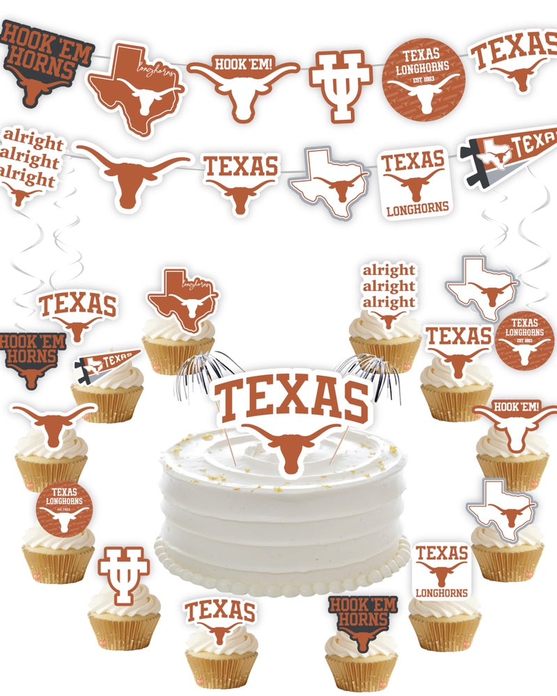 PartyKandy University of Texas Party Supplies for Football, Birthday Gift, Graduation Party Banner and Cake Toppers (42 Pieces) (Texas Longhorns) - Image 1