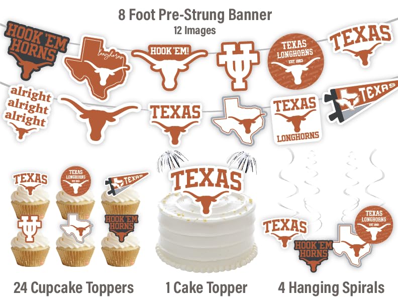 PartyKandy University of Texas Party Supplies for Football, Birthday Gift, Graduation Party Banner and Cake Toppers (42 Pieces) (Texas Longhorns) - Image 2