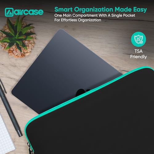 AirCase Neoprene Laptop Sleeve Case Cover for 14.1 Inch MacBook, Dell, HP, Lenovo, more| Water-Resistant, Shockproof Padding, Scratch-Proof| Slim Fit, Wrinkle Free, TSA Security Friendly (Black-Green) - Image 3