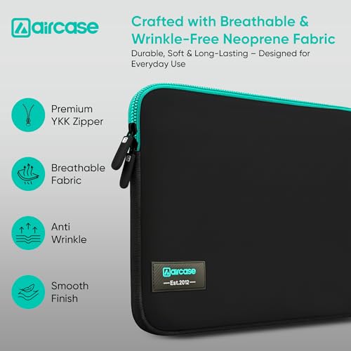 AirCase Neoprene Laptop Sleeve Case Cover for 14.1 Inch MacBook, Dell, HP, Lenovo, more| Water-Resistant, Shockproof Padding, Scratch-Proof| Slim Fit, Wrinkle Free, TSA Security Friendly (Black-Green) - Image 5