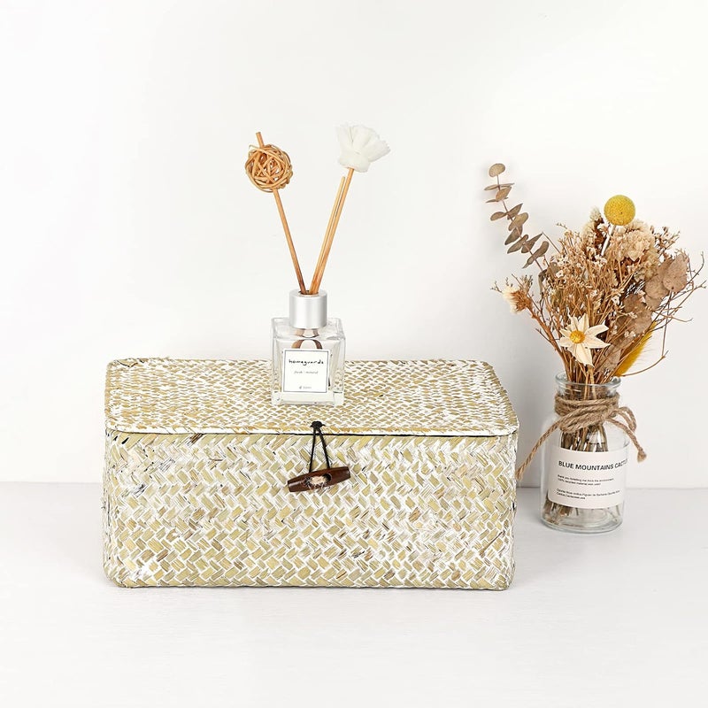 Hipiwe Wicker Shelf Baskets Bin with Lid Natural Seagrass Basket Storage Boxes Small Woven Basket Multipurpose Home Organizer Bins Box for Shelf Closet Bedroom Living Room Home Decor, Whitewash - Image 4