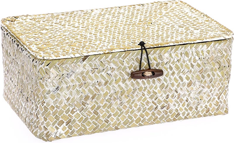 Hipiwe Wicker Shelf Baskets Bin with Lid Natural Seagrass Basket Storage Boxes Small Woven Basket Multipurpose Home Organizer Bins Box for Shelf Closet Bedroom Living Room Home Decor, Whitewash - Image 1