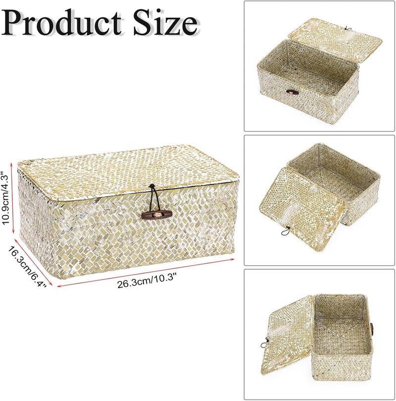 Hipiwe Wicker Shelf Baskets Bin with Lid Natural Seagrass Basket Storage Boxes Small Woven Basket Multipurpose Home Organizer Bins Box for Shelf Closet Bedroom Living Room Home Decor, Whitewash - Image 2