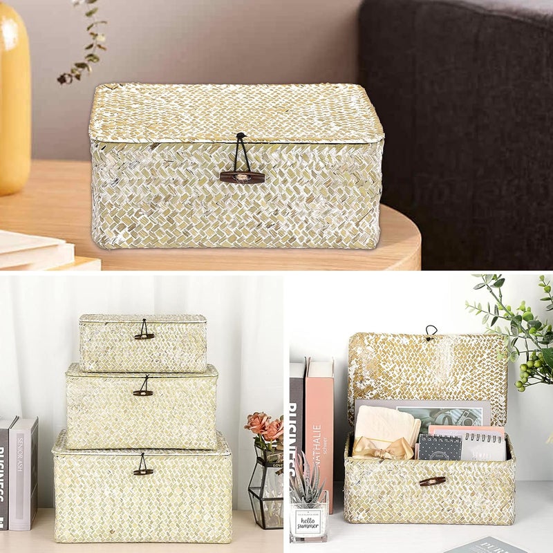 Hipiwe Wicker Shelf Baskets Bin with Lid Natural Seagrass Basket Storage Boxes Small Woven Basket Multipurpose Home Organizer Bins Box for Shelf Closet Bedroom Living Room Home Decor, Whitewash - Image 5