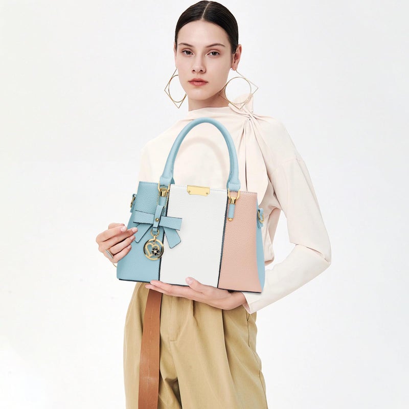 KKXIU 3 Zippered Compartments Purses and Handbags for Women Top Handle Satchel Shoulder Ladies Bags (A-Blue White Pink) - Image 2