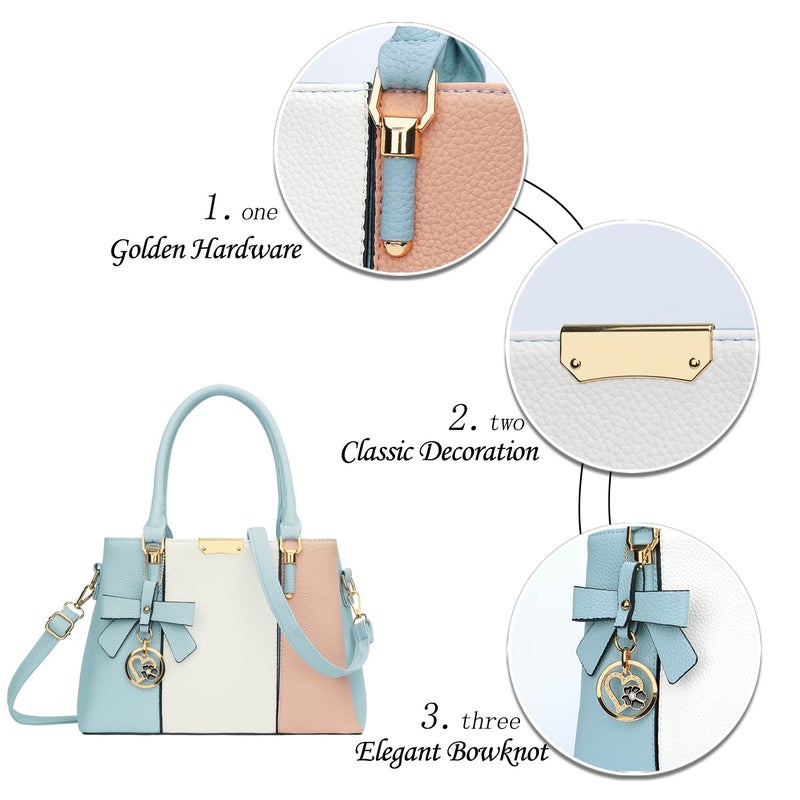 KKXIU 3 Zippered Compartments Purses and Handbags for Women Top Handle Satchel Shoulder Ladies Bags (A-Blue White Pink) - Image 3