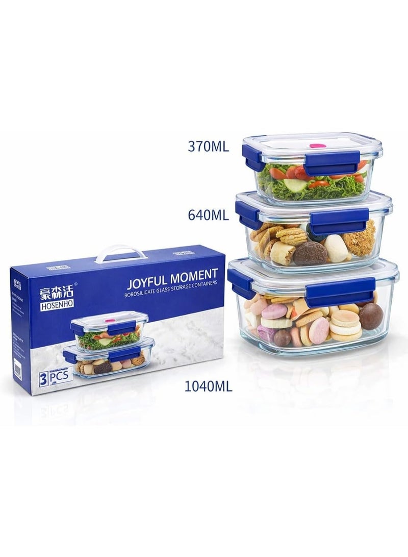 مجموعة من 3 أوعية تخزين طعام زجاجية فاخرة من البوروسيليكات مع أغطية محكمة الإغلاق، آمنة للاستخدام في الميكروويف وغسالة الصحون، حاويات مطبخ لتحضير الوجبات (3، مستطيلة) - Image 1