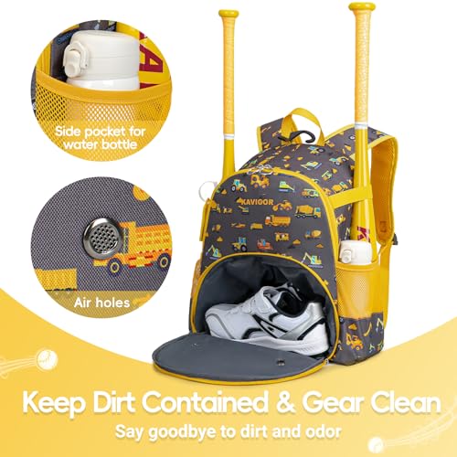 KAVIGOR Youth Tball Baseball Backpack, Lightweight Softball Bag with Shoes Compartment & Name Tag, Reinforced Zippers & Seams - Image 3