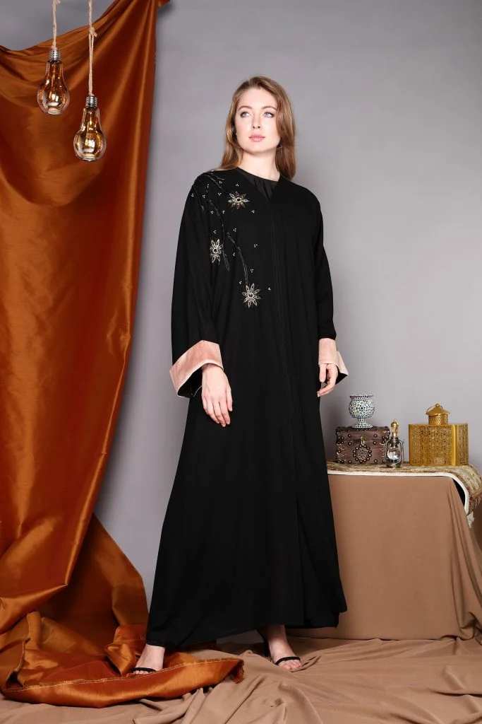 Moistreet Embroidery With Contrast Cuffs Abaya