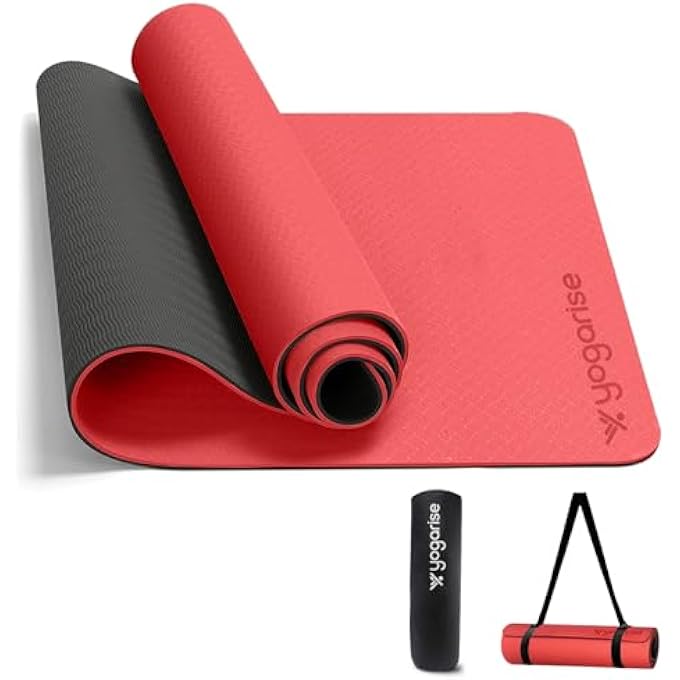 YOGARISE حصيرة يوغا 8 مم مع حقيبة حمل وحزام، حصيرة يوغا للنساء والرجال، حصيرة يوغا سميكة إضافية من مادة TPE الممتازة للتمارين، يوغا، لياقة بدنية، حصيرة تمارين مضادة للانزلاق (أحمر وأسود) - Image 2