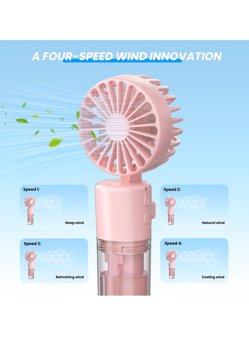 Rechargeable Portable Handheld Fan with Mist Spray, 4-Speed Mini Fan and 55ml Water Bottle, Perfect for Office, Travel and Outdoor Use, Pink - Image 2