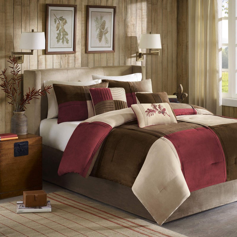 madison park Madison Park Cozy Comforter Set Casual Blocks Design All Season Matching Bed Skirt Decorative Pillows Cal King104x92 Red Brown 7 Piece 