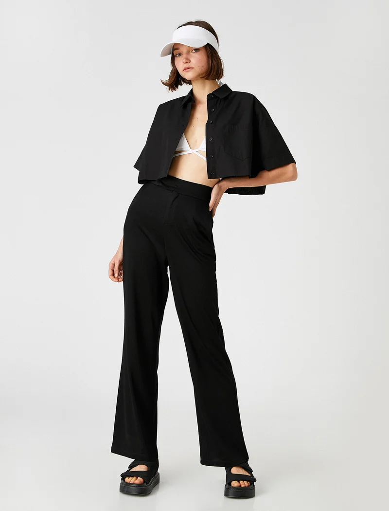 كوتون Classic Black High-Waist Straight-Leg Pants