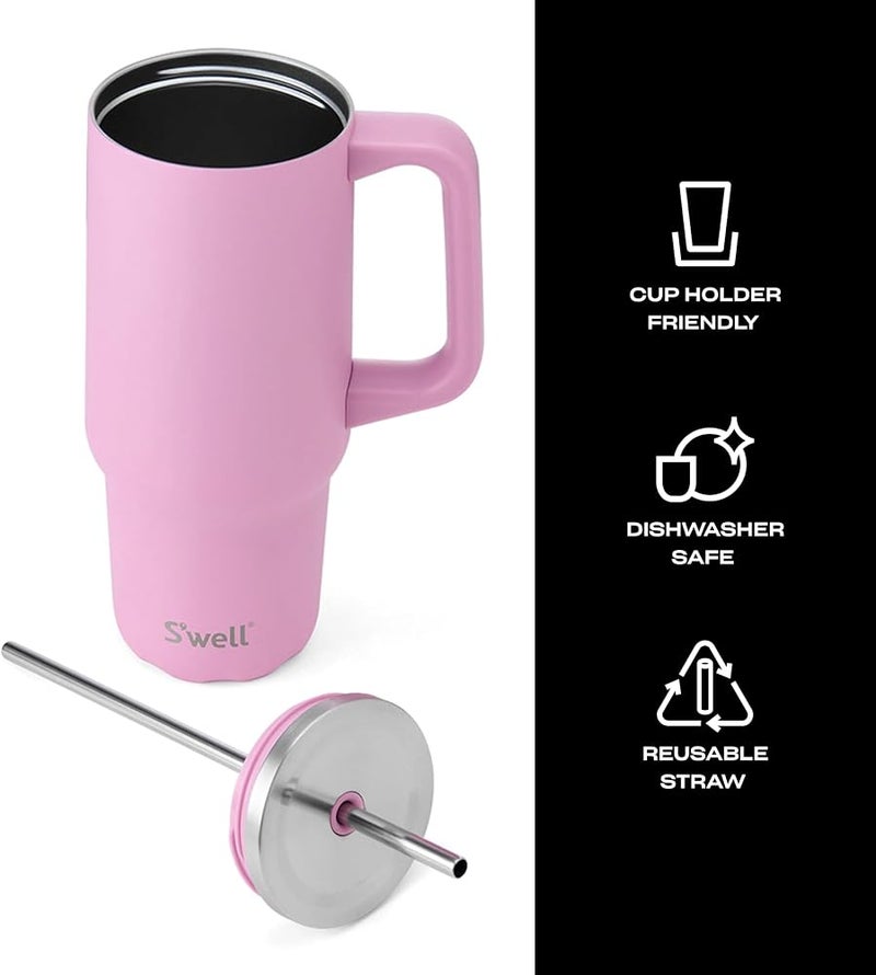S'well Recycled Stainless Steel Tumbler XL with Straw and Handle, 30oz, Hydrangea Pink, Triple Layered Vacuum Insulated Containers Keeps Drinks Cold for 36 hours and Hot for 9 - Image 3