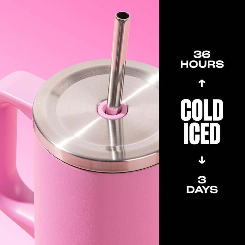 S'well Recycled Stainless Steel Tumbler XL with Straw and Handle, 30oz, Hydrangea Pink, Triple Layered Vacuum Insulated Containers Keeps Drinks Cold for 36 hours and Hot for 9 - Image 1