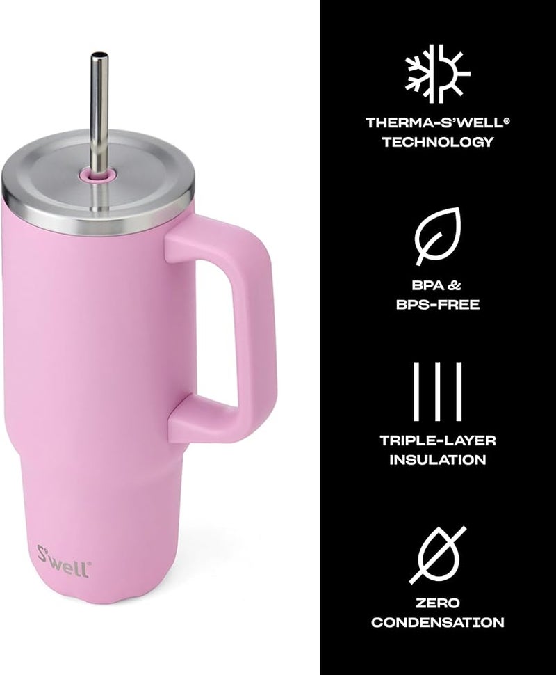 S'well Recycled Stainless Steel Tumbler XL with Straw and Handle, 30oz, Hydrangea Pink, Triple Layered Vacuum Insulated Containers Keeps Drinks Cold for 36 hours and Hot for 9 - Image 2