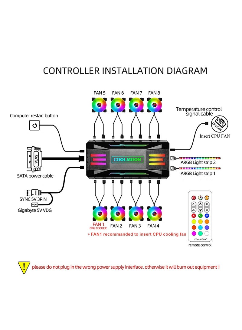 Pwm Fan Temperature Controller, Remote Control Computer RGB Light Adapter, 5V Fan ARGB Hub with Magnet, Black - Image 2