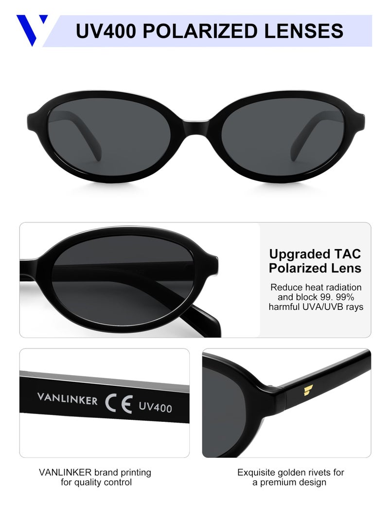 VANLINKER Retro Oval Polarized Sunglasses for Women Small Narrow 90s Trendy Y2k Shades VL9890,Black - Image 4