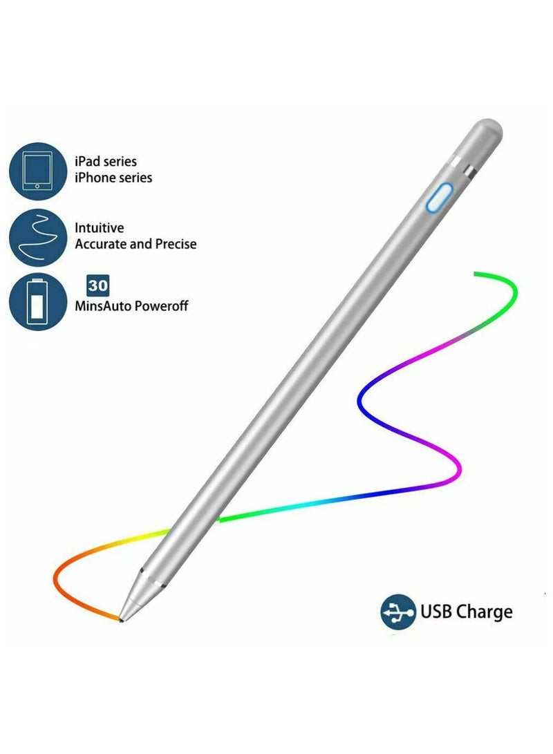 BGM Universal Active Stylus Pen Silver 1.5mm fine Tip Digital Stylus Pen Compatible with Apple iPad iPhone Samsung Tablets, on iOS and Android Capacitive Touchscreens - Silver - Image 1