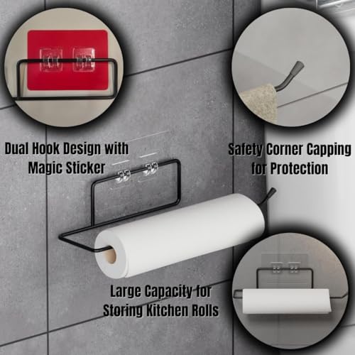 Stickzy Adhesive Toilet Paper Holder & Towel Rack - Heavy Duty No-Drill Wall Mount, Rustproof Tissue Roll Dispenser, Sleek Anti-Fall Design, Bathroom & Washroom Organizer, Black (Pack of 1) - Image 4