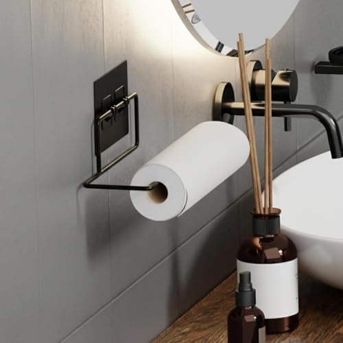 Stickzy Adhesive Toilet Paper Holder & Towel Rack - Heavy Duty No-Drill Wall Mount, Rustproof Tissue Roll Dispenser, Sleek Anti-Fall Design, Bathroom & Washroom Organizer, Black (Pack of 1) - Image 5