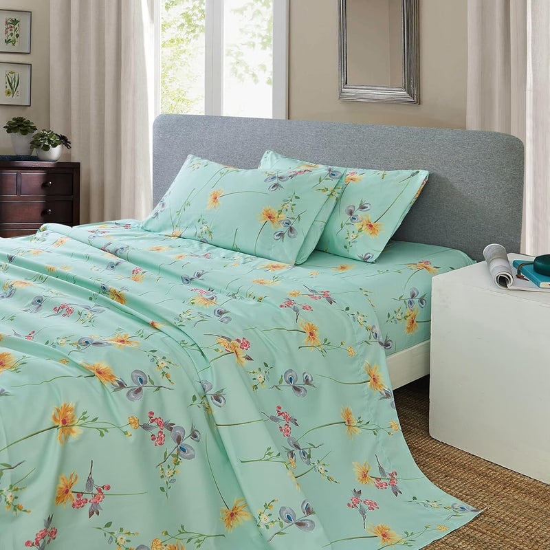 JSD Green Floral Printed Sheet Set Full Size, 4 Piece Soft Botanical Microfiber Sheets Extra Deep Pocket - Image 1