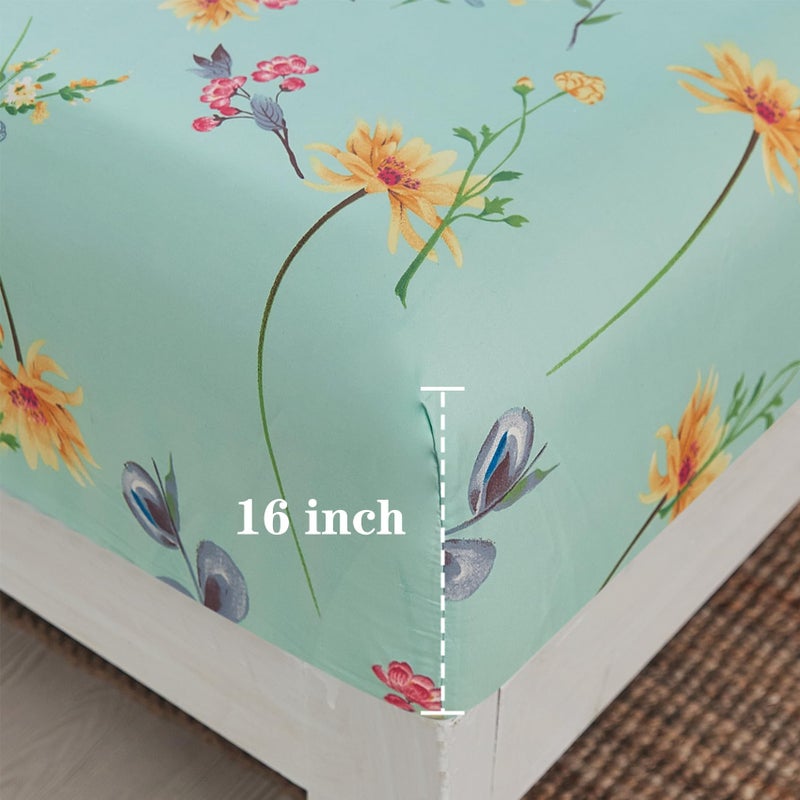 JSD Green Floral Printed Sheet Set Full Size, 4 Piece Soft Botanical Microfiber Sheets Extra Deep Pocket - Image 4
