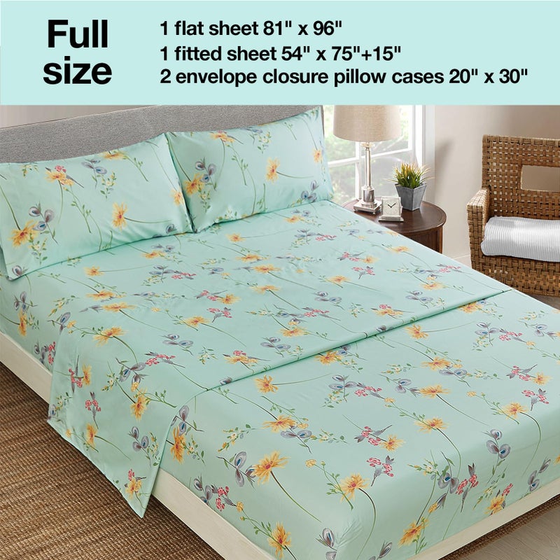 JSD Green Floral Printed Sheet Set Full Size, 4 Piece Soft Botanical Microfiber Sheets Extra Deep Pocket - Image 2