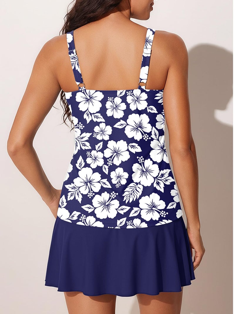 Summer Mae Women's Tankini Swimsuits with Skirt Two Piece Tummy Control Bathing Suits Printed Swimdress Swimwear 2026 Hibiscus in White Size 14 - Image 2