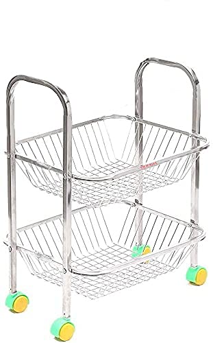 Olrada Stainless Steel 2 Tier Fruit Vegetable Trolley Basket Holder Stand for Kitchen Multipurpose Spice Kitchen Storage Shelf Rack - Image 1