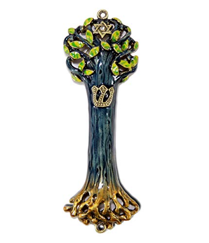 Creative Judaica Mezuzah Case  Mezuzah Cover  Artwork Tree of Life Wooden Texture Design and Crafted in Brass 4 for The Jewish Homes  Rainbow Color Multicolored  Blue  Green No Scroll or Prayer Included