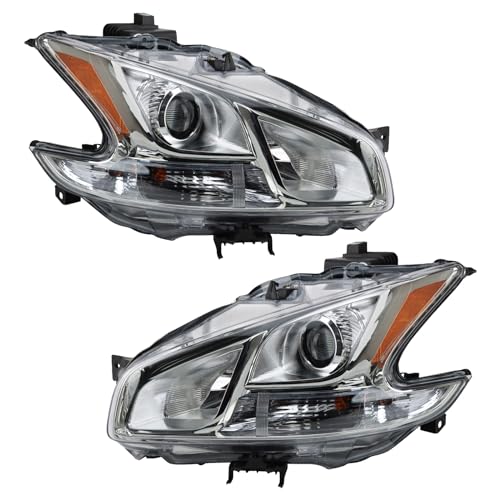 TRQ 2 Piece Headlight Assembly Set Chrome Bezel Driver & Passenger Side Compatible with Nissan Maxima 2009-2014 NI2502177 NI2503177 260109N00A 260609N00A - Image 1