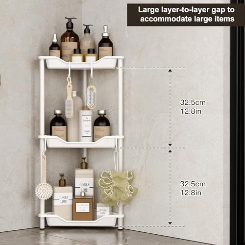 Orimade Rustproof 3 Tier Floor Standing Corner Shower Caddy Organizer, Plastic Metal Splicing Floor Corner Shelf Rack Stands for Bathroom, White - Image 2