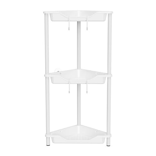 Orimade Rustproof 3 Tier Floor Standing Corner Shower Caddy Organizer, Plastic Metal Splicing Floor Corner Shelf Rack Stands for Bathroom, White - Image 1