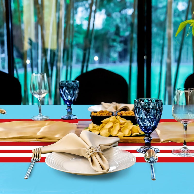 Oudain 3 Pcs Striped Tablecloth 108 x 54 Inch Rectangle Table Cover Disposable Plastic Table Cloth Waterproof Rectangle Tablecloth Plastic Table Cover for Birthday Wedding Brida (Red White Blue) - Image 5