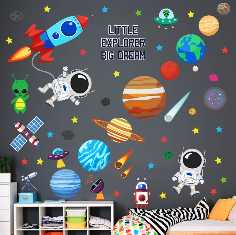DECOWALL DS9-8058 Outer Space Wall Decals Stickers Kids Bedroom Room décor Nursery Boys Galaxy Stars Astronaut Planets Solar System Dark Removable Decoration Living Spaceship Window Art Mural Peel - Image 3